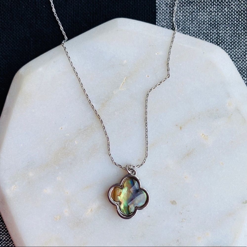 Silver & Abalone Necklace Dainty Faceted Clover Jewelry Gem Crystal Boho Womens
